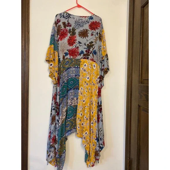 Umgee Patchwork Floral Print Handkerchief Uneven Hem Midi Dress Blue Yellow 1XL - Picture 2 of 7